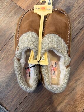 Earth Spirit Cloudease Brown Faux Suede Knit Fur Lined Slippers Size 9/10 NWT